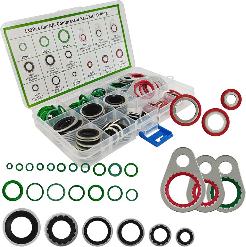 SWQS 139PCS AC O Ring Kit, Multiple Sizes A/C O Ring Assortment Kit with Rubber Gasket and Spacers for AC Compressor System, Automotive Replacement Air Conditioning Compressors Port Sealing Washers - Image 1